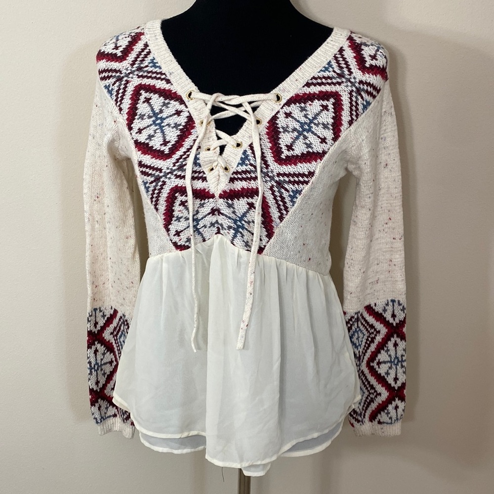 Abercrombie & Fitch boho Nordic fair isle chiffon peplum sweater